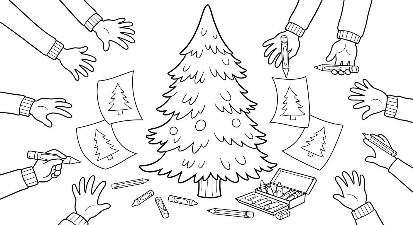Black and white sketch of children drawing a Christmas tree with crayons and pencils, festive line art.