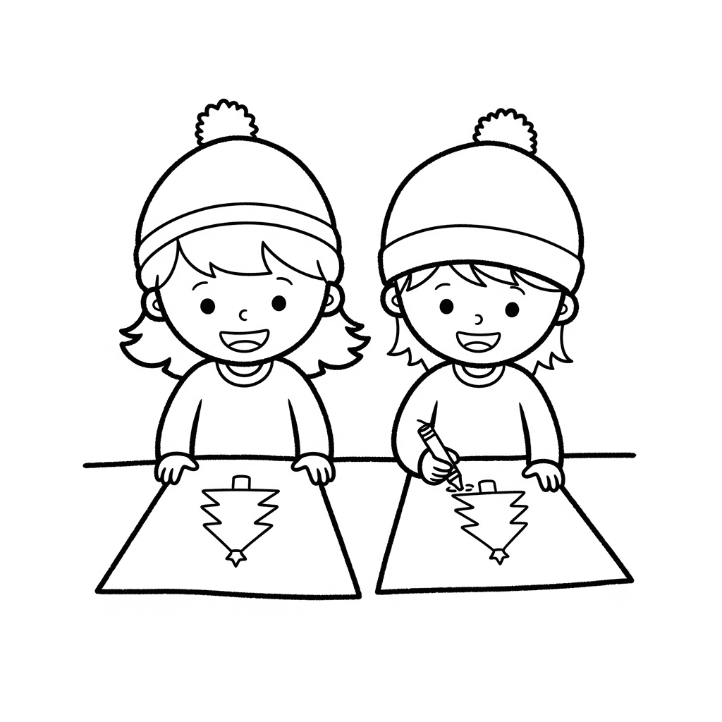 Black and white line art of two happy children coloring Christmas tree pages together at a table.
