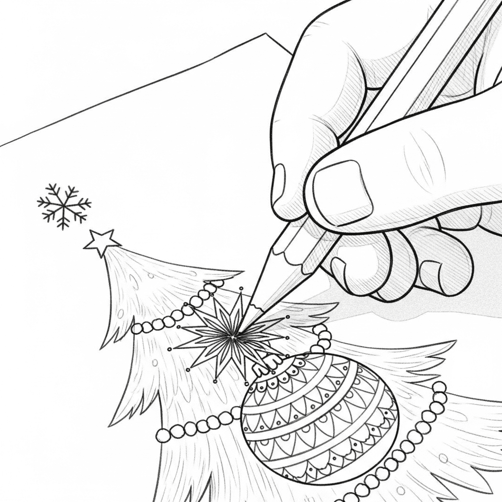Close-up sketch of a child's hand carefully coloring a detailed ornament on a Christmas tree drawing.