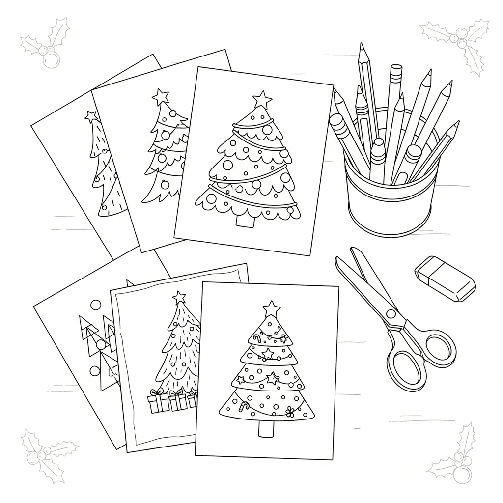 Minimalist top-view sketch of a table with Christmas coloring pages, crayons, and scissors.