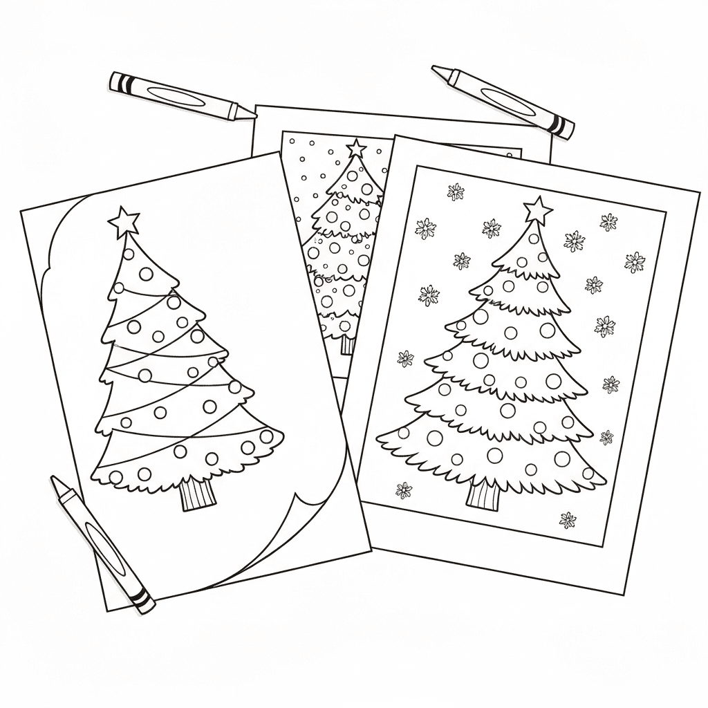 Top-down angle sketch of multiple Christmas tree coloring page printables with crayons on a table.