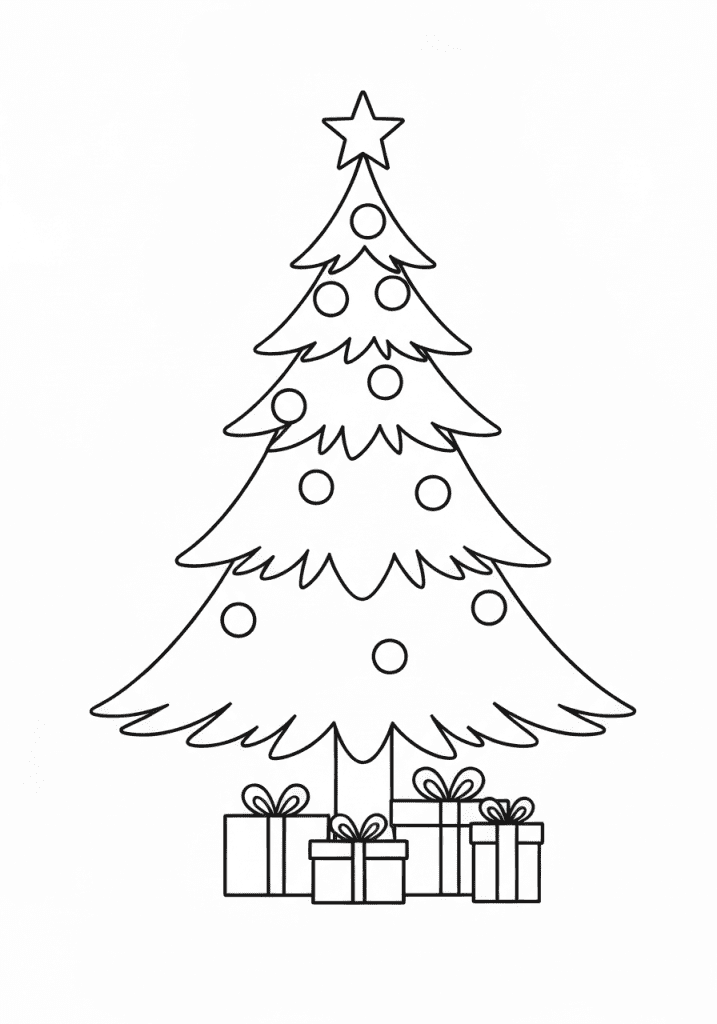 Christmas tree drawing with basic ornament outlines for coloring