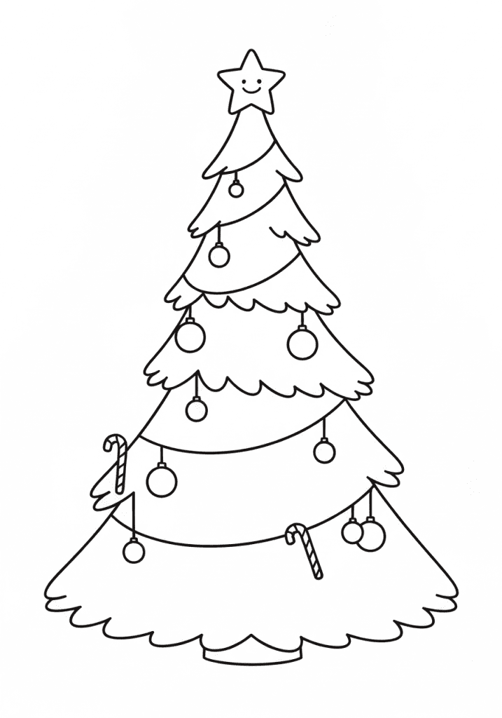 Whimsical Christmas tree with cartoon decorations line art