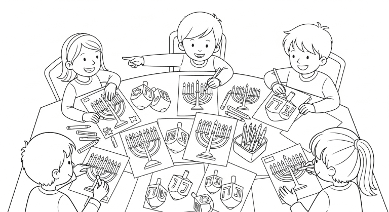 Black and white line art sketch of children coloring Hanukkah printables with crayons and dreidels.