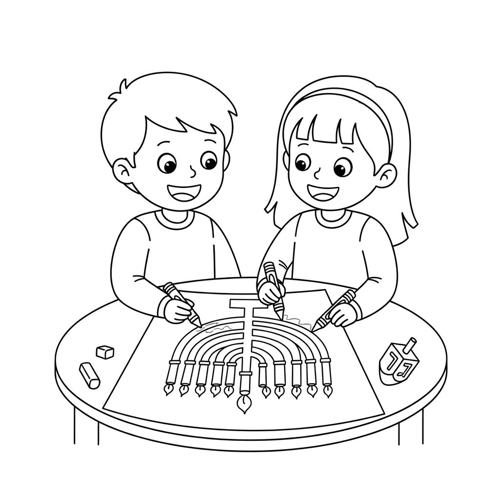 Line art of two children coloring a large Hanukkah menorah coloring page together.