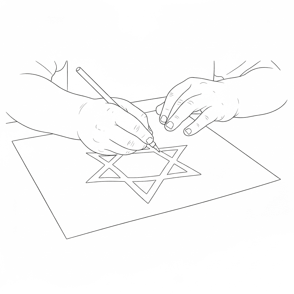Close-up sketch of a child's hands carefully coloring in a Star of David with a pencil.