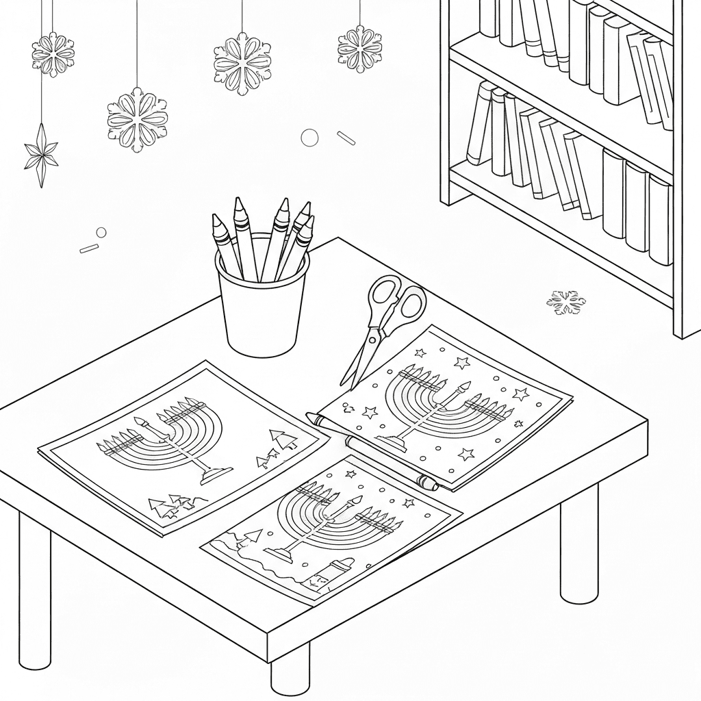 Top-view sketch of a cozy table with Hanukkah printables, crayons, scissors, and a glue stick.