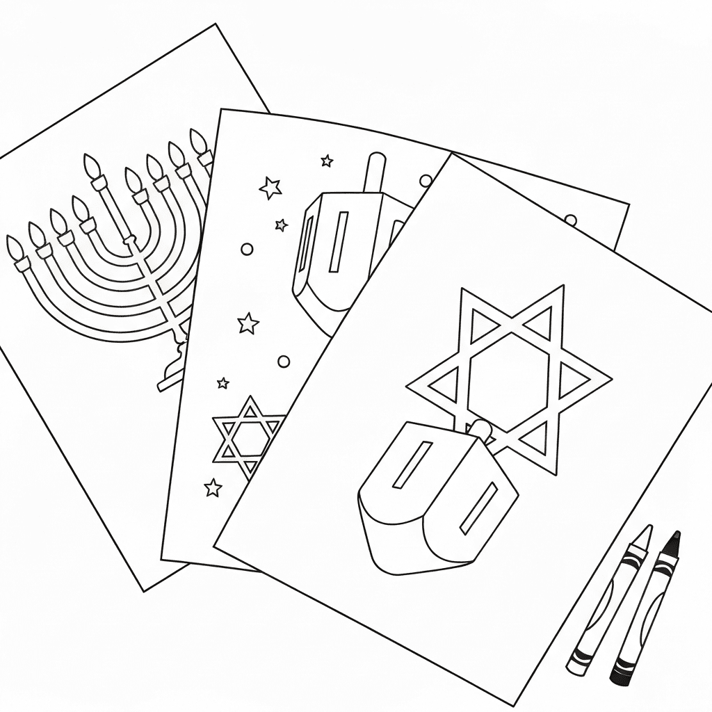 Angled preview of several Hanukkah-themed coloring pages and crayons on a table.