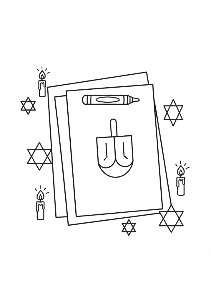 Simple line art of a stacked pile of coloring pages with a cheerful crayon.