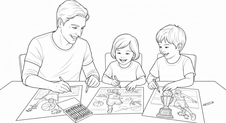 A family coloring basketball action scenes at a table filled with crayons and pages.