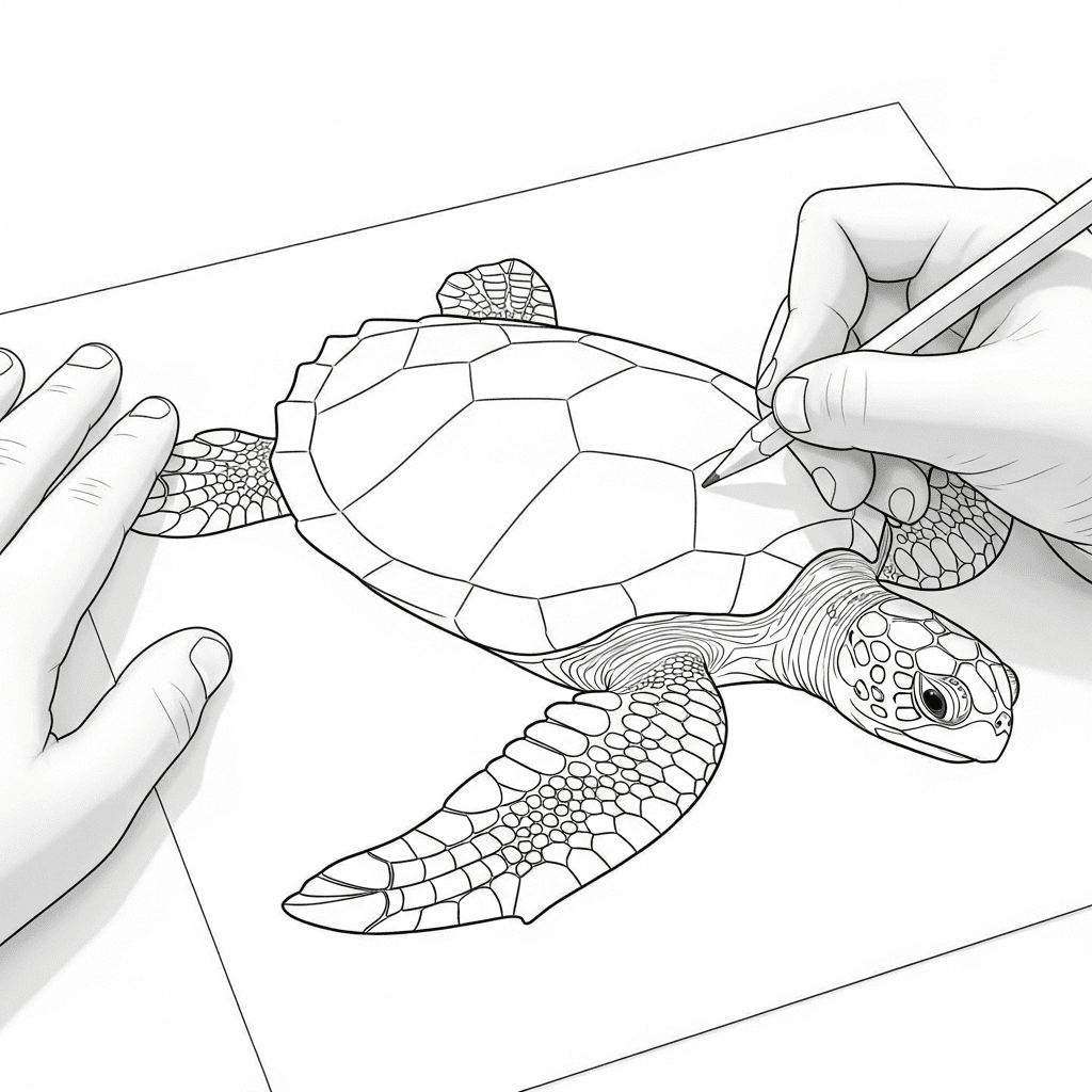 Close-up sketch of child's hands coloring a sea turtle on a printable page