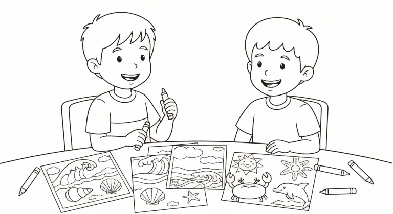 Black-and-white sketch of children coloring seaside pictures with crayons and printable pages