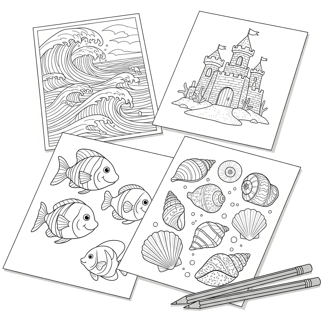 Angled view of multiple printable coloring pages featuring ocean scenes