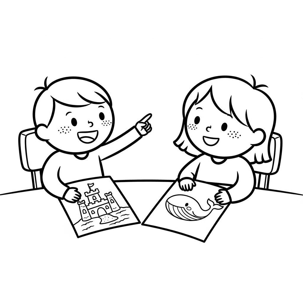 Black-and-white outline of two kids coloring at a table with ocean-themed pages