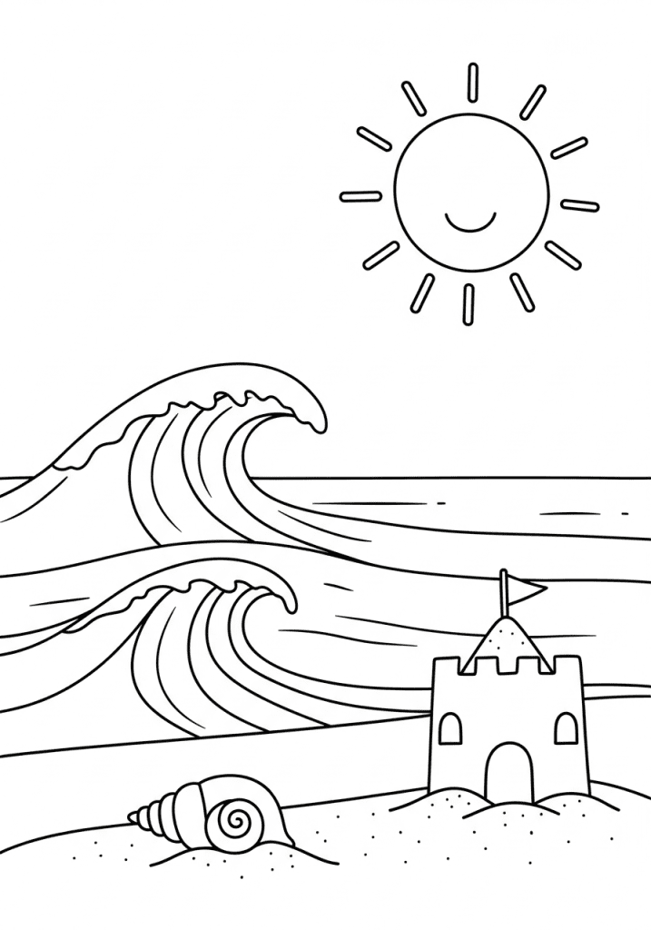 Black and white line art sketch of a beach with ocean waves, a sun, and a sandcastle.