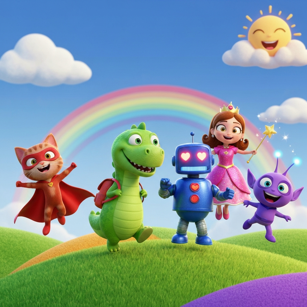 Kids coloring page showing friendly cartoon characters - dinosaur, robot, princess, superhero cat, and alien holding hands.