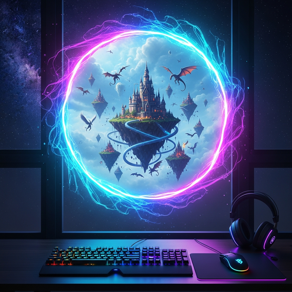 A glowing cosmic portal above a gaming setup reveals a fantasy world with floating islands and magical creatures.