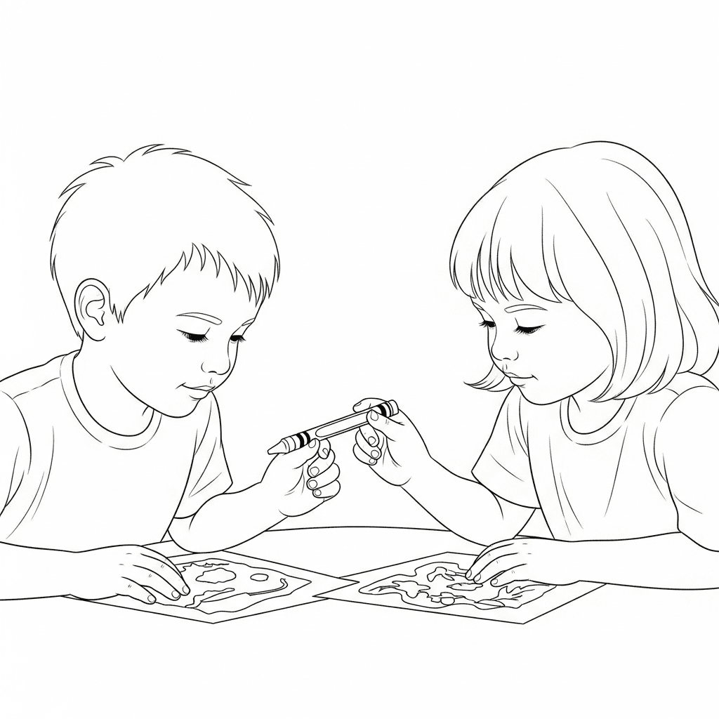 Line art drawing of two children smiling and coloring unicorn pictures together.