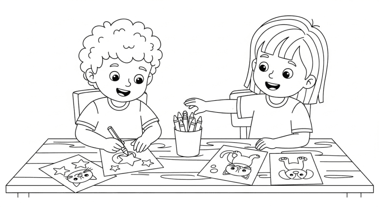 A sketch of two happy children coloring printable designs at a sunny table.