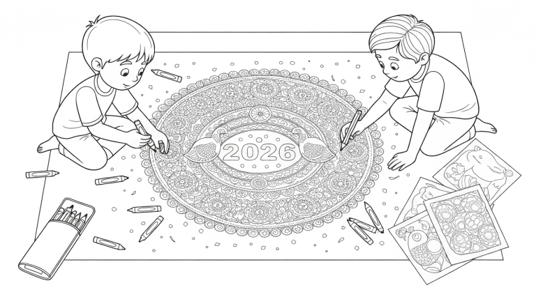 Line art sketch of two children coloring a large rangoli design with crayons and pencils, with