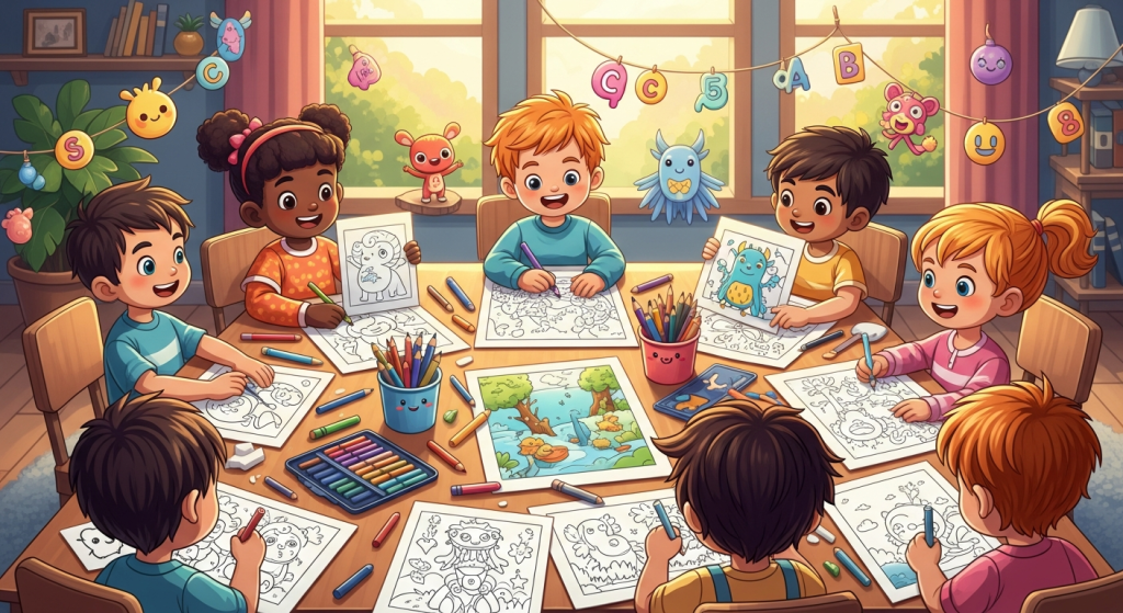 Welcome to Creative Nest Kids! A diverse group of happy children coloring cartoon characters, animals, and fantasy scenes at a bright, playful table.