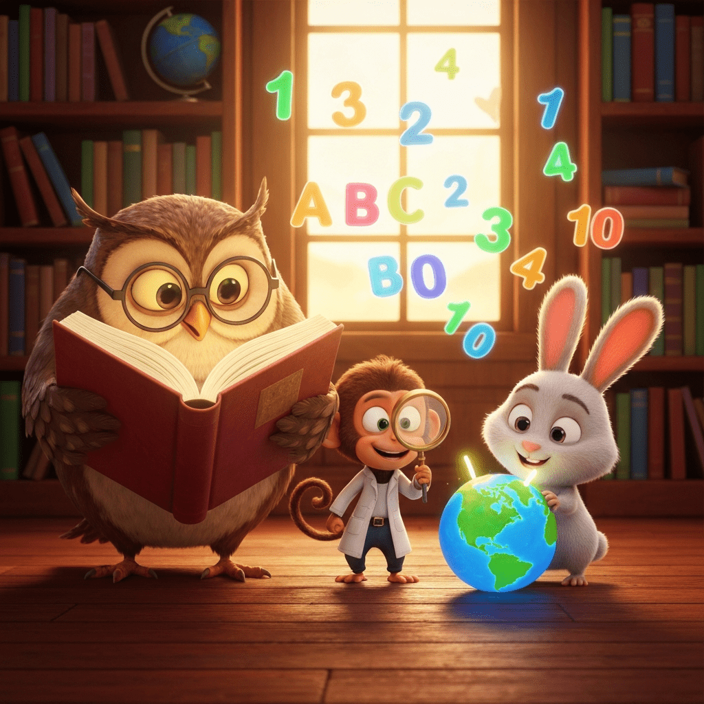 Cartoon owl, monkey, and bunny learning together with books, a glowing globe puzzle, and floating numbers in a cozy library.
