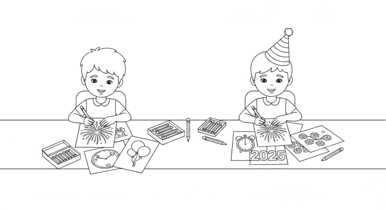 Black and white sketch of kids coloring festive New Year drawings with hats, fireworks, and clocks.
