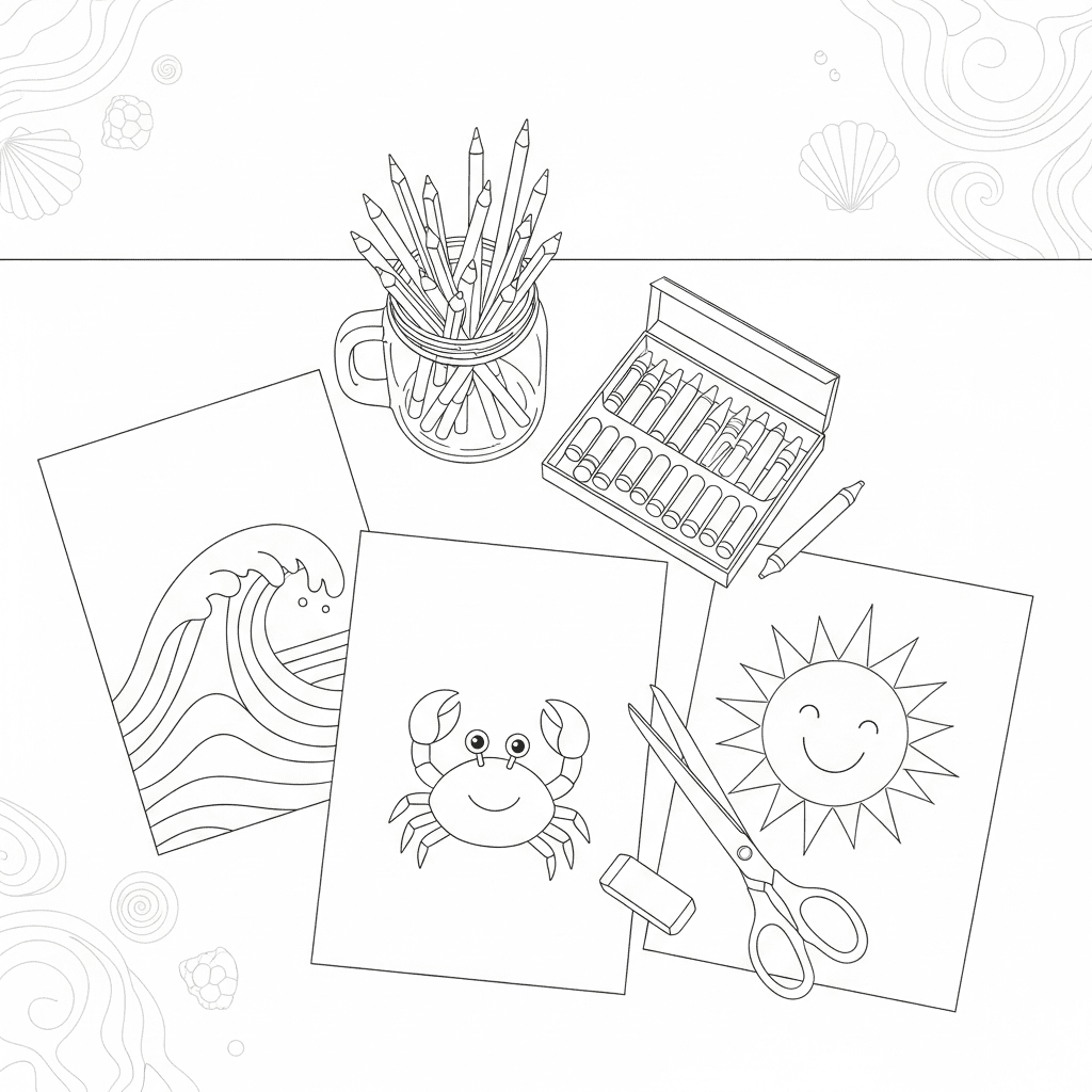 Top-view sketch of a table with coloring pages, crayons, and ocean decorations