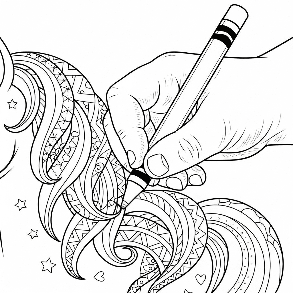 Close-up sketch of a child's hand coloring a detailed unicorn's mane with a crayon.