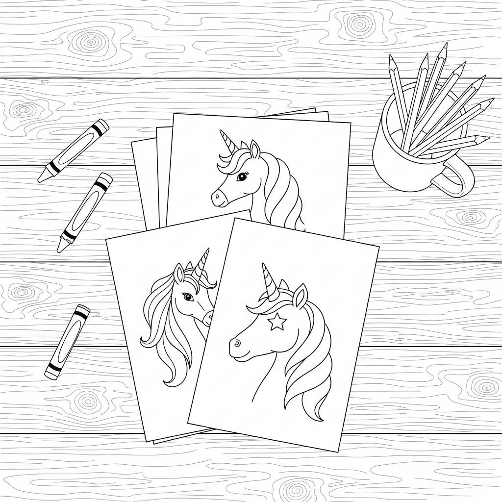 Sketch of a cozy table setup with unicorn coloring sheets, crayons, and pencils.