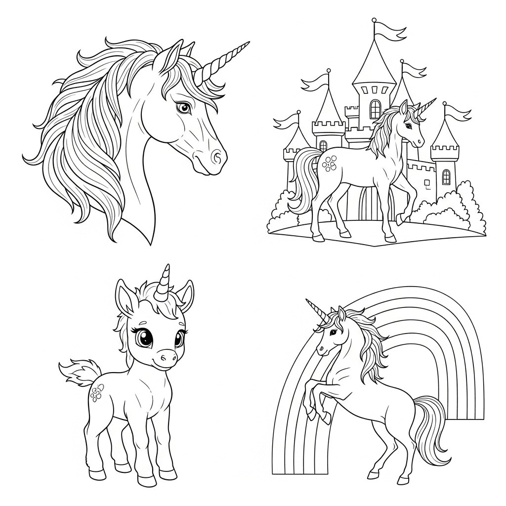 Collage of different unicorn coloring page outlines spread out neatly.