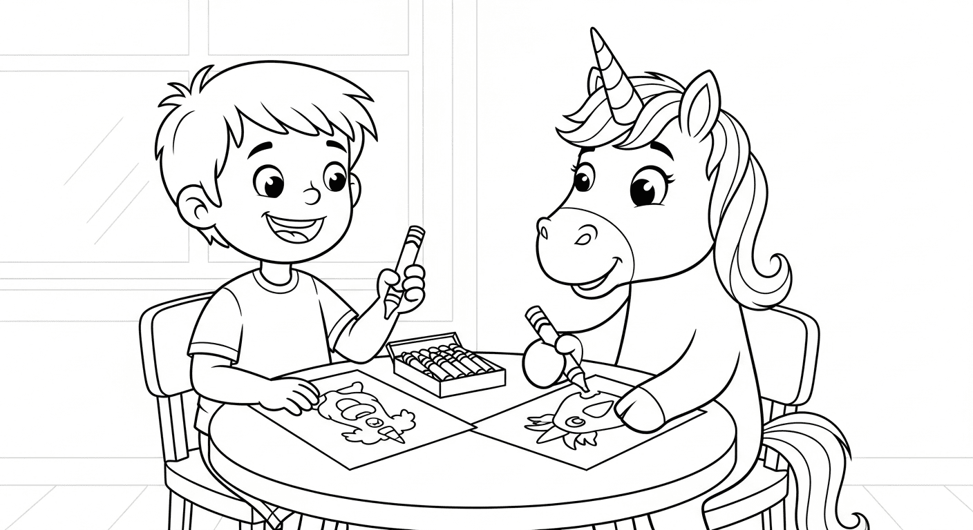 Black and white sketch of a child and unicorn coloring together at a table with crayons.