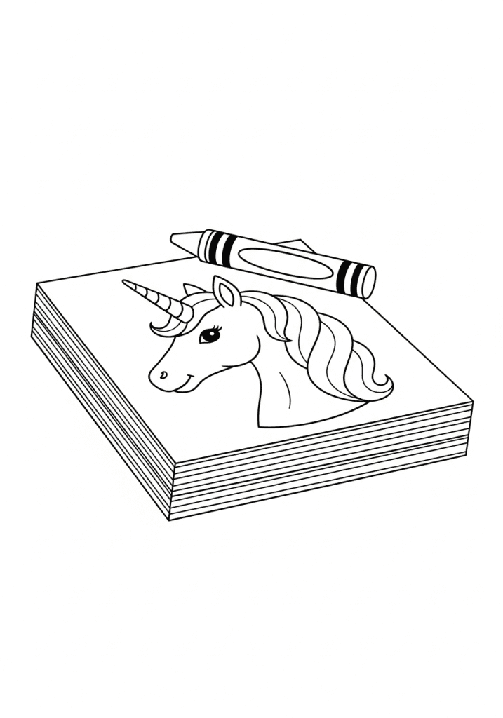 Simple sketch of a downloadable pack: a stack of coloring pages with a crayon.