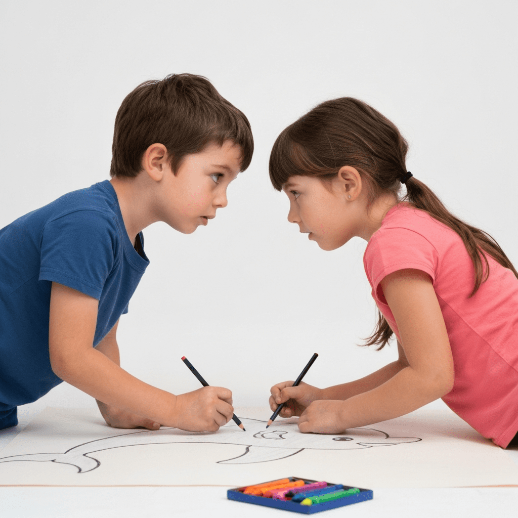 Two children coloring a large dolphin coloring page together with crayons.