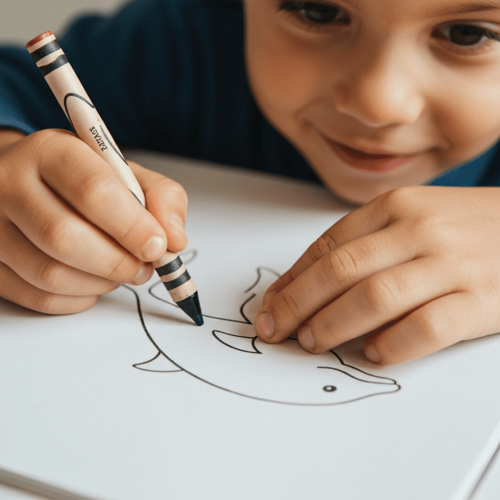 Close-up sketch of a young girl’s hands coloring a seahorse drawing carefully.