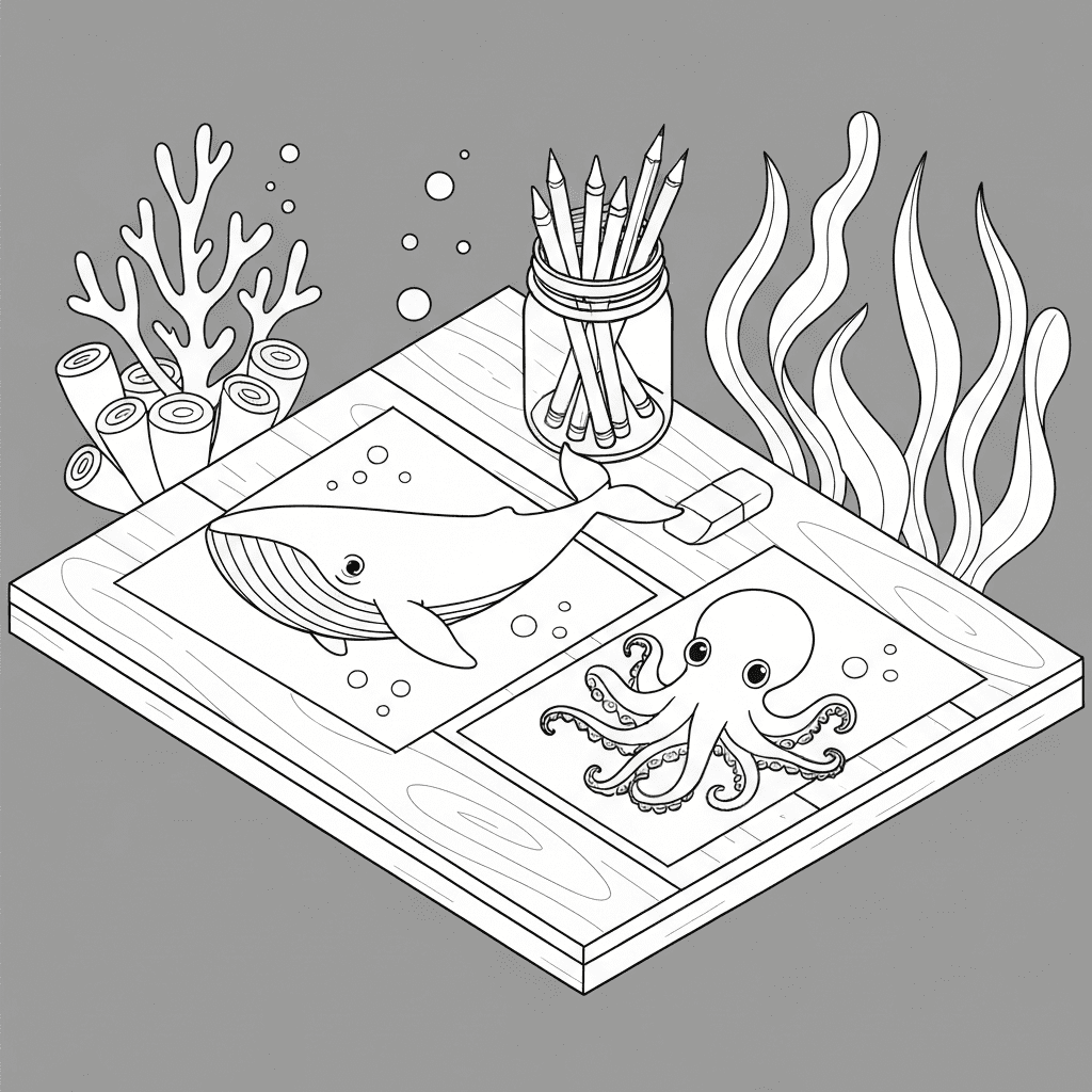 Top-view minimalist sketch of a table with coloring pages, crayons, and sea-themed books.