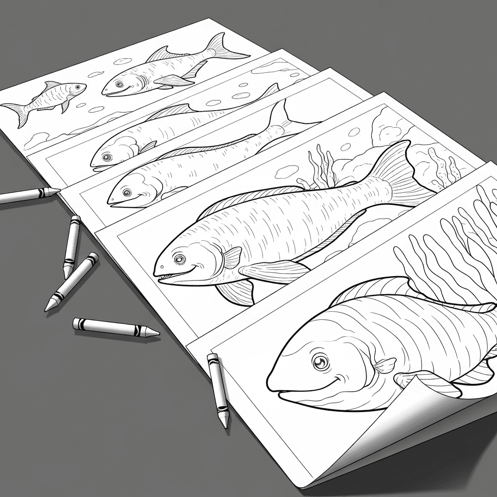 Flat lay of multiple sea animal coloring pages with crayons on a table.
