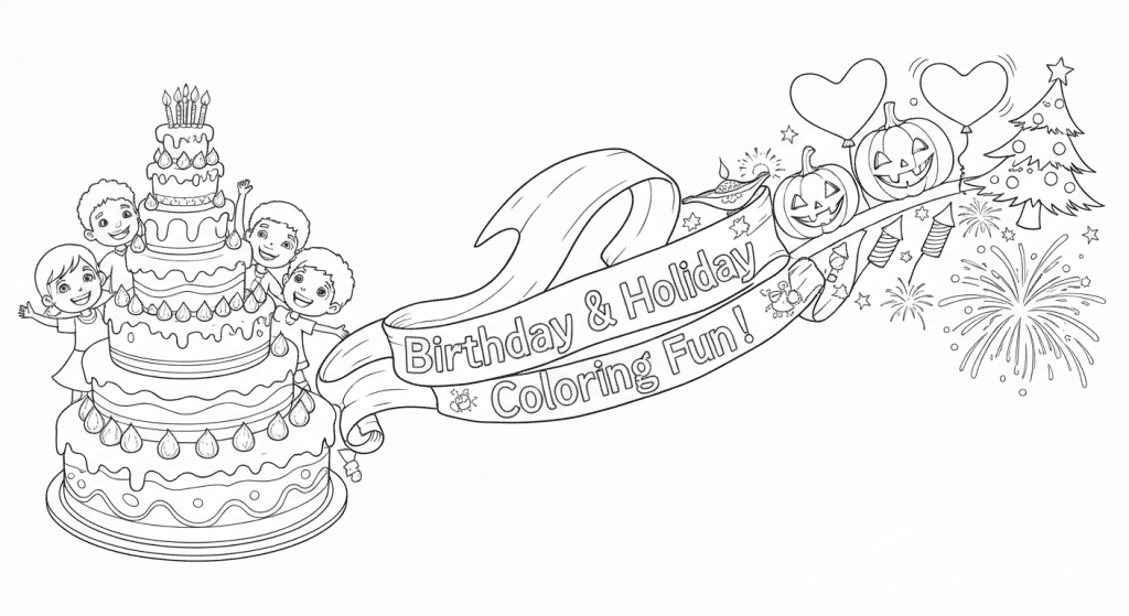 A detailed black-and-white line drawing for coloring, showing children by a birthday cake connected by a banner to holiday icons like a Christmas tree, pumpkin, and fireworks.