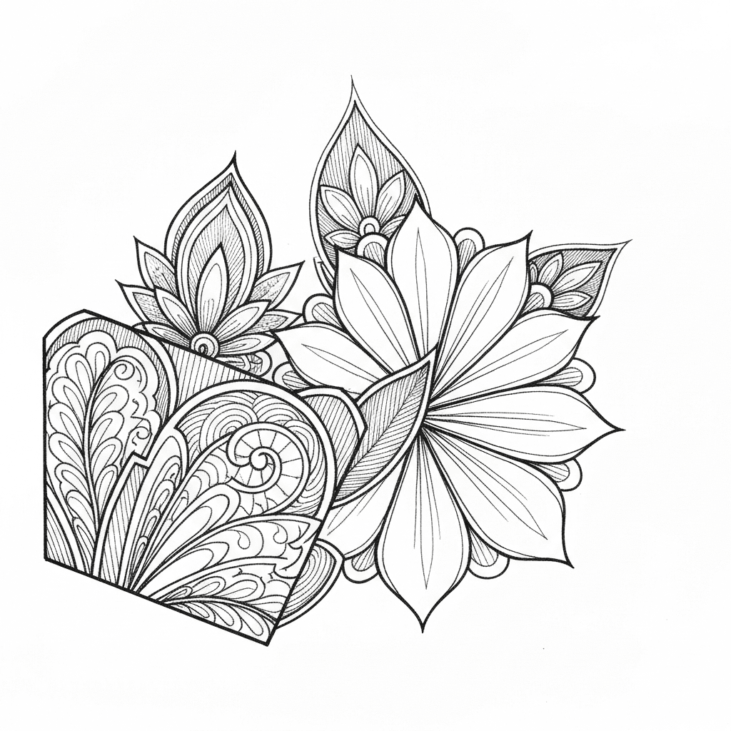 Simple line art of two children coloring together at a table with a fruits basket coloring page.