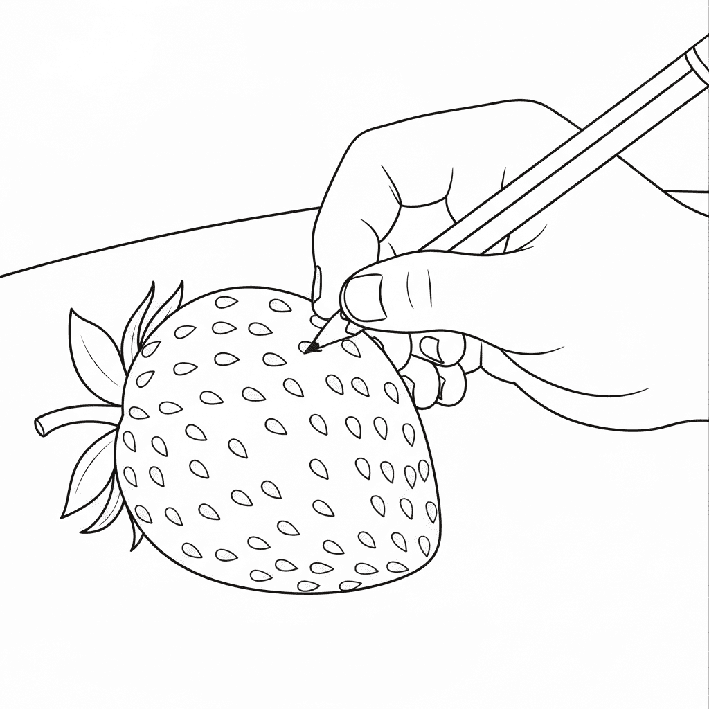 Close-up contour line drawing of a child's hand carefully coloring a strawberry with a colored pencil.