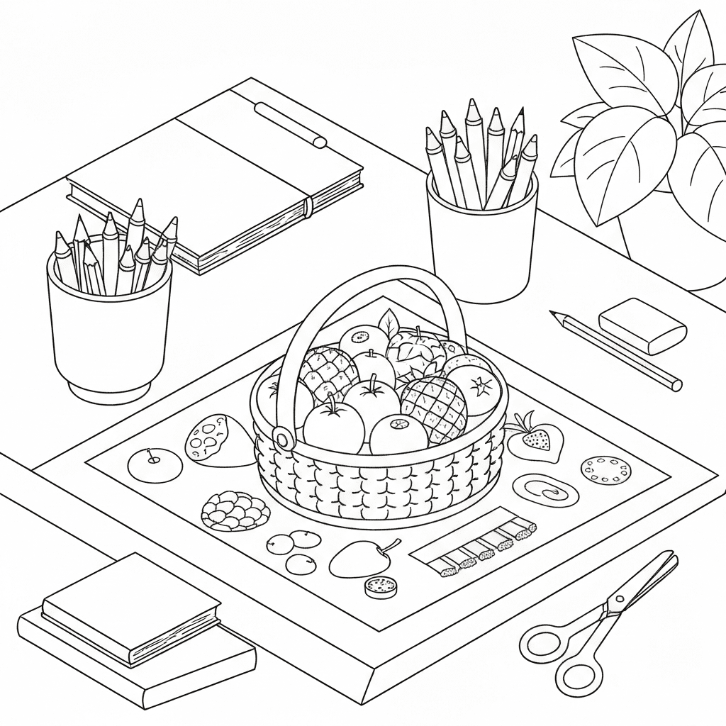 Minimalist isometric sketch of a table with coloring pages, a fruits basket poster, crayons, and art supplies.