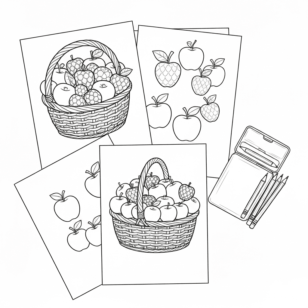 Top-down angled perspective sketch of multiple fruits basket coloring pages and crayons on a table.