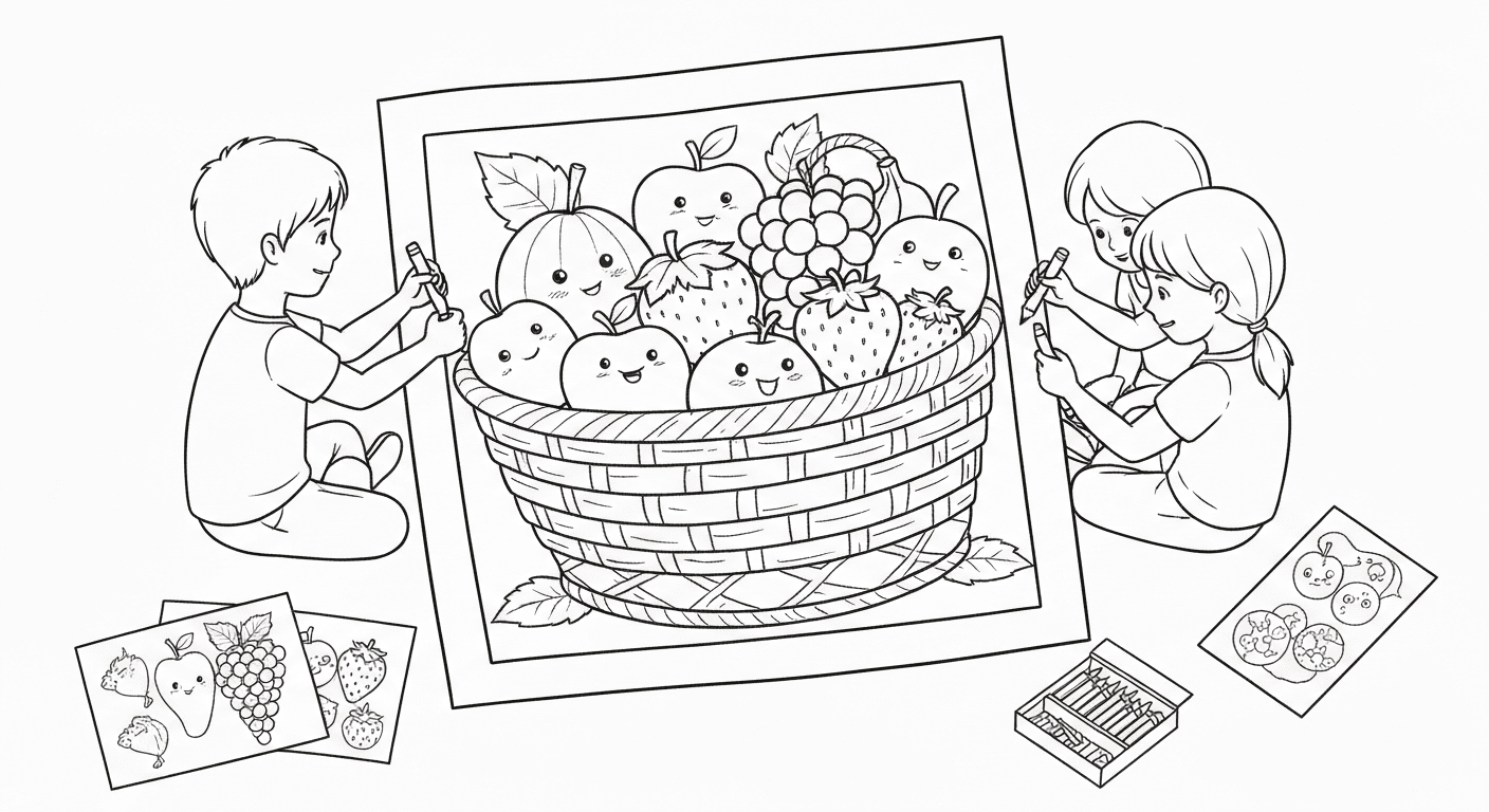 Black and white line drawing sketch of children coloring a large fruits basket poster with crayons and pencils.