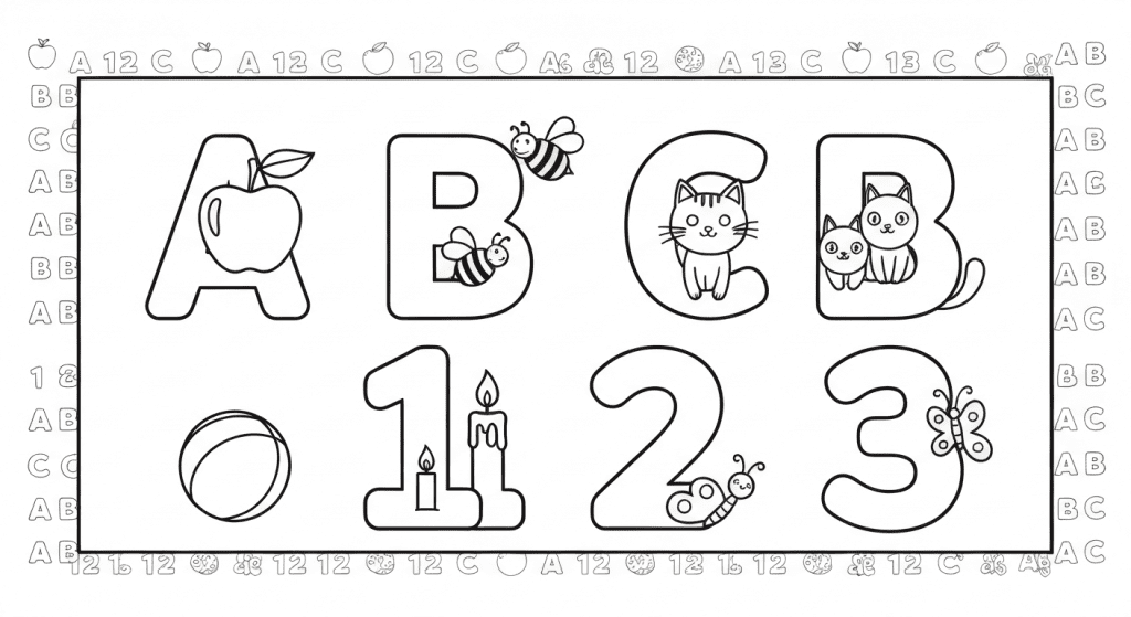 Cover for an ABC and 123 coloring book. Shows letters and numbers with friendly objects like apples, bees, cats, candles, and butterflies.