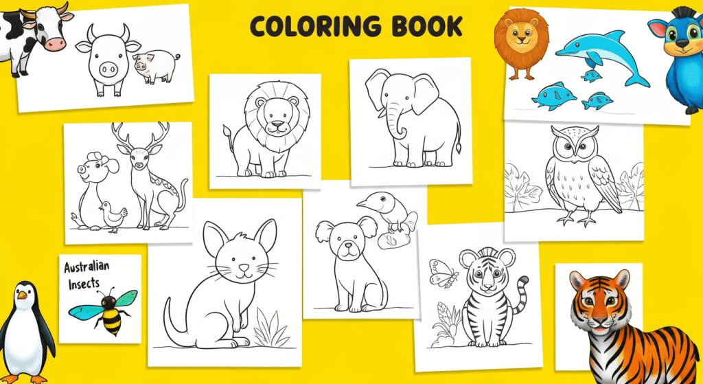 Kids’ animal coloring book cover with black-and-white sketch panels next to colorful animal versions on a yellow background.