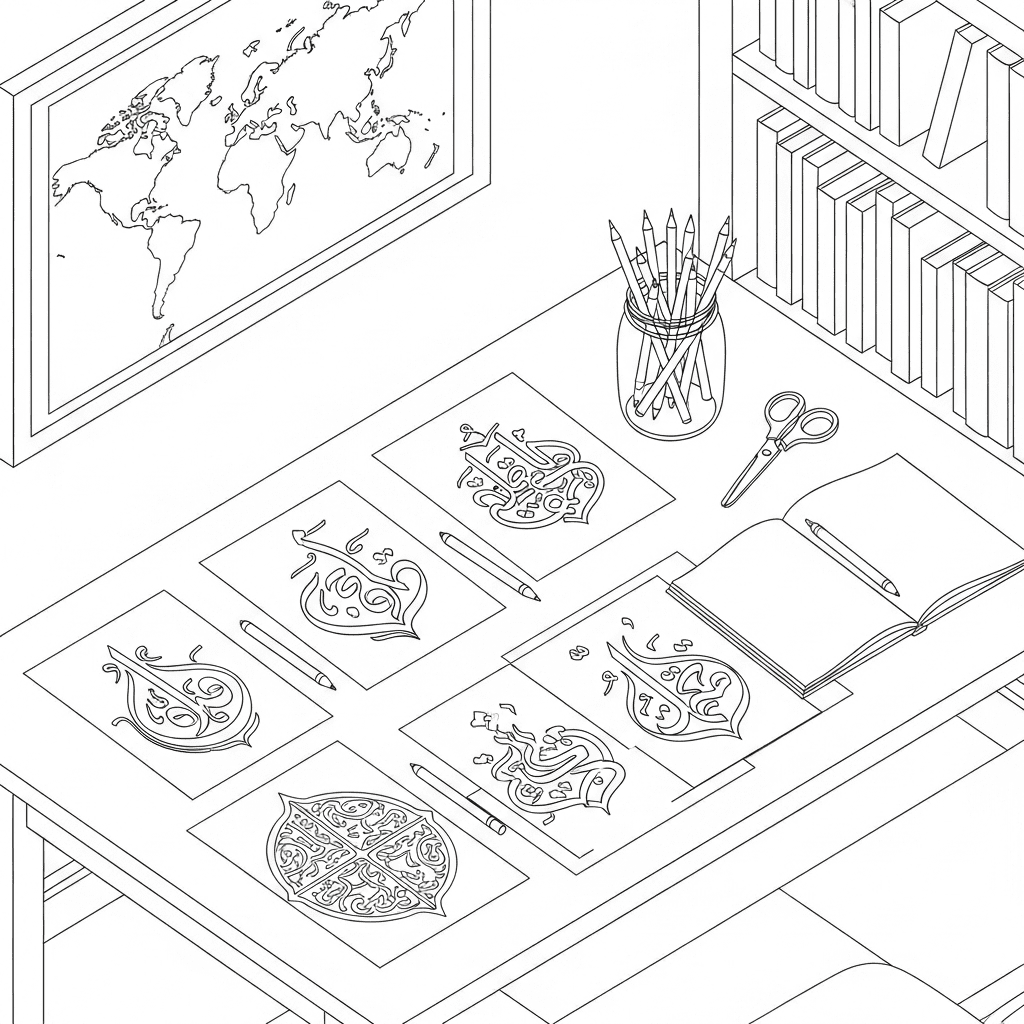 Isometric sketch of a table with coloring supplies, printable pages, and a small globe for learning.