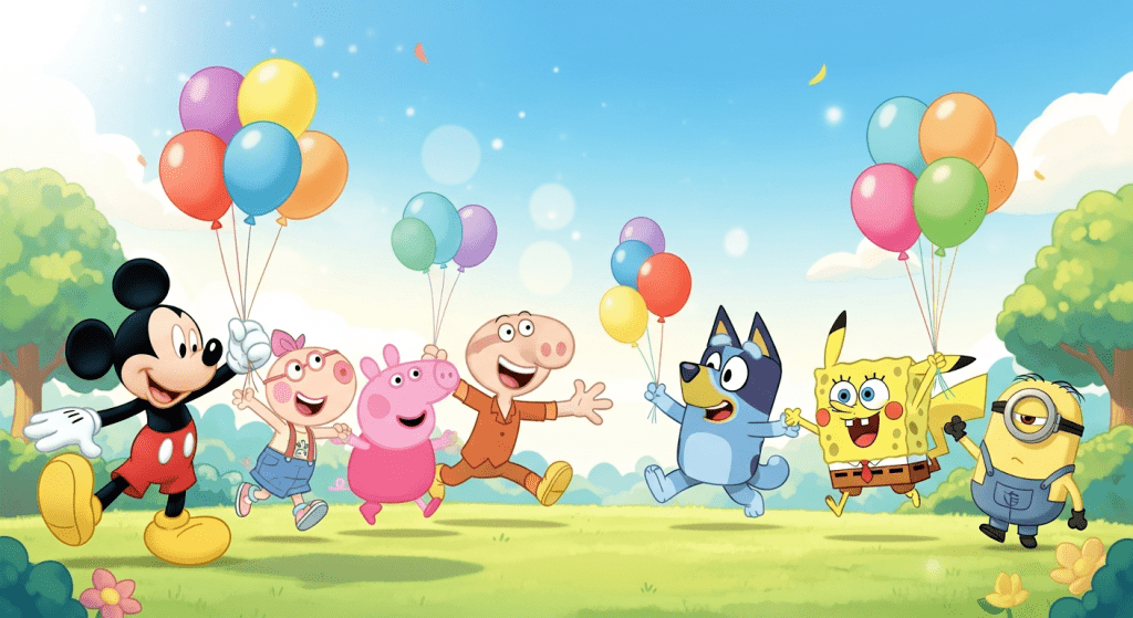 Illustrated cover of a children's coloring book showing cartoon characters including Mickey Mouse, Peppa Pig, SpongeBob, Pikachu, Bluey, and Minions playing together in a park with balloons and a sunny sky.