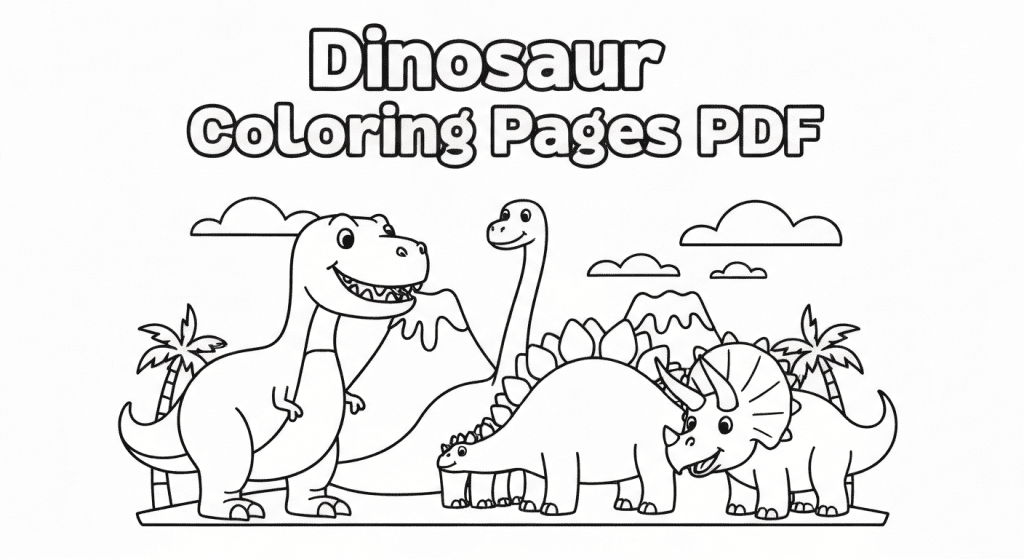 Dinosaur Coloring Pages PDF cover with line art of T-Rex, Brachiosaurus, Stegosaurus, and Triceratops near a volcano.