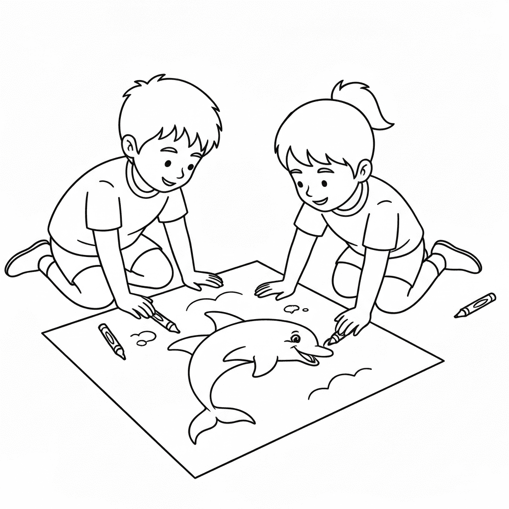 Line art of two kids sitting together, coloring a dolphin page with crayons on the floor.