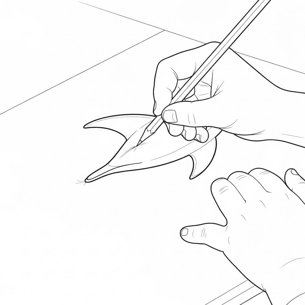 Close-up line drawing of a child's hands carefully coloring inside the lines of a dolphin's fin with a pencil.